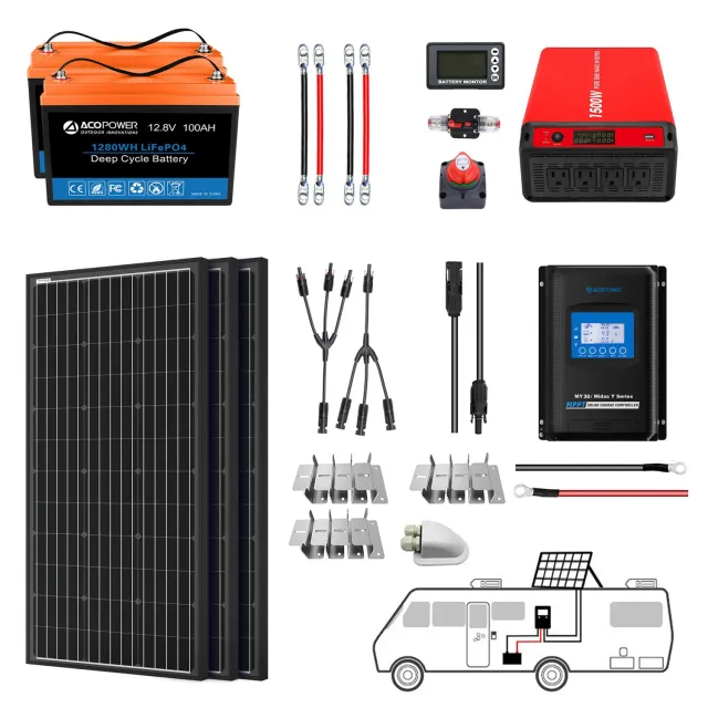 ACOPOWER kit solar complet 12V Li200Ah 200W MPPT30A