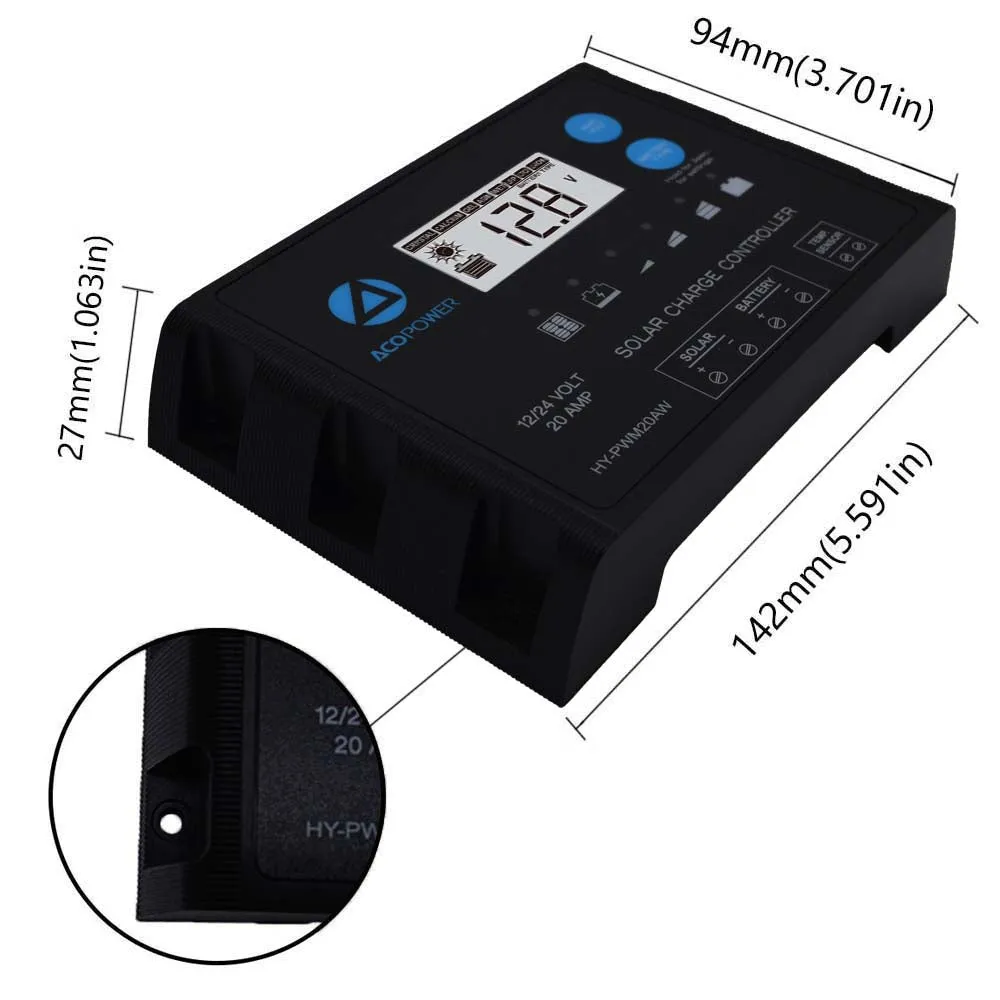 ACOPOWER 1x200W kit solar rulotă PWM 20A mono