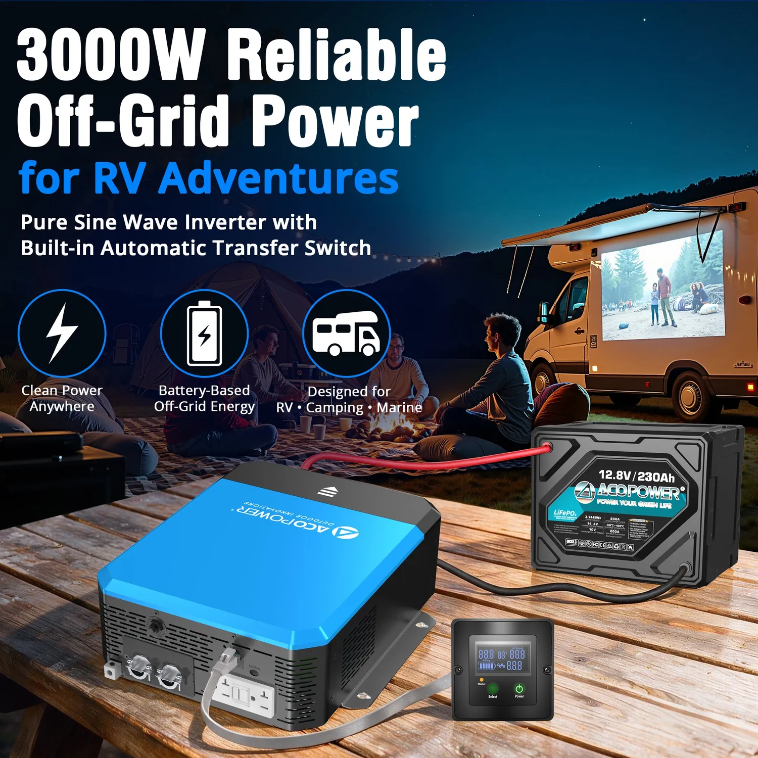 ACOPOWER 3000W invertor sinusoidal pur 12V la 120V cu transfer
