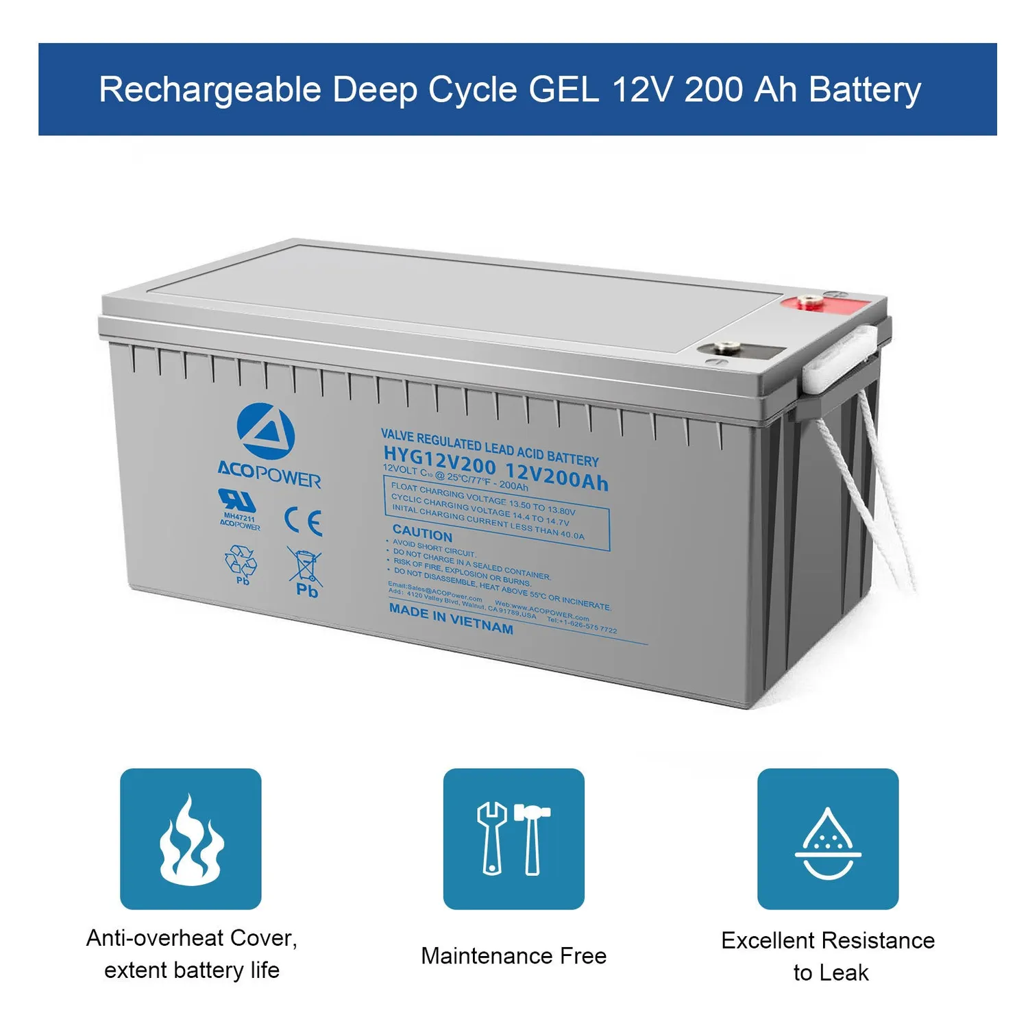 ACOPOWER HYG12-200Ah Baterie Gel 12V 200Ah Ciclu Adânc