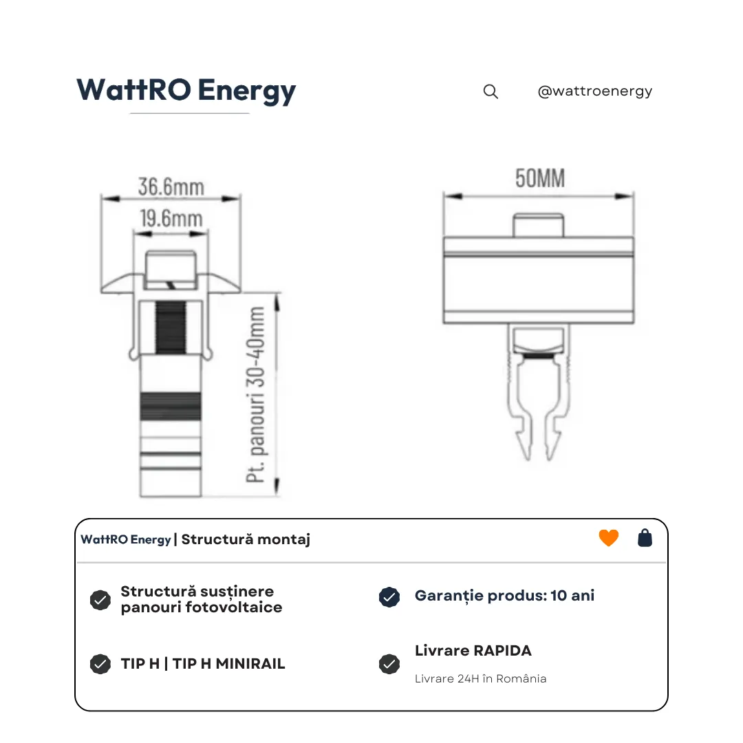 WattRO Energy Minirail Tip H clemă mijloc aluminiu