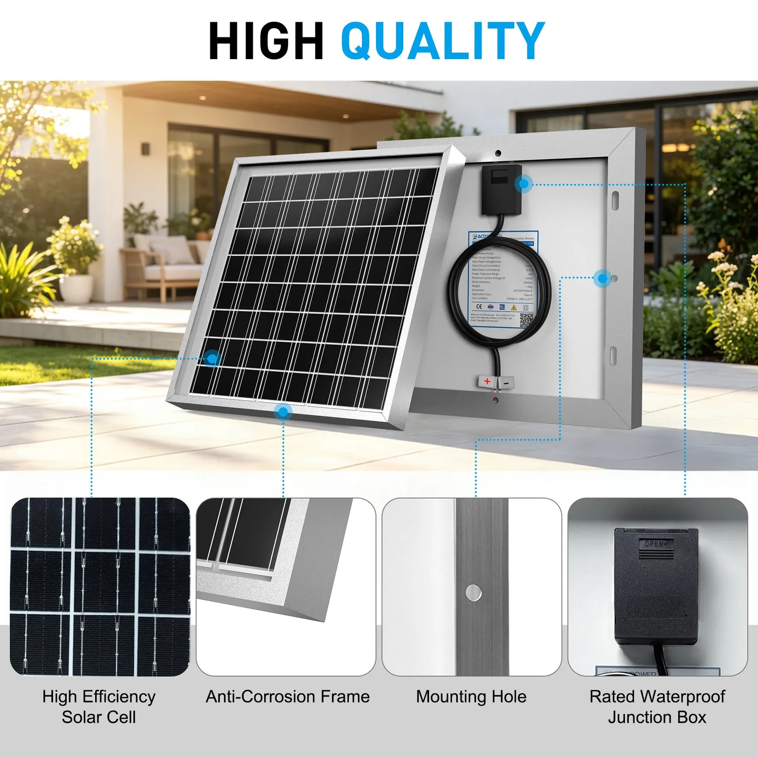 ACOPOWER panou solar 10W 24V monocristalin IP67
