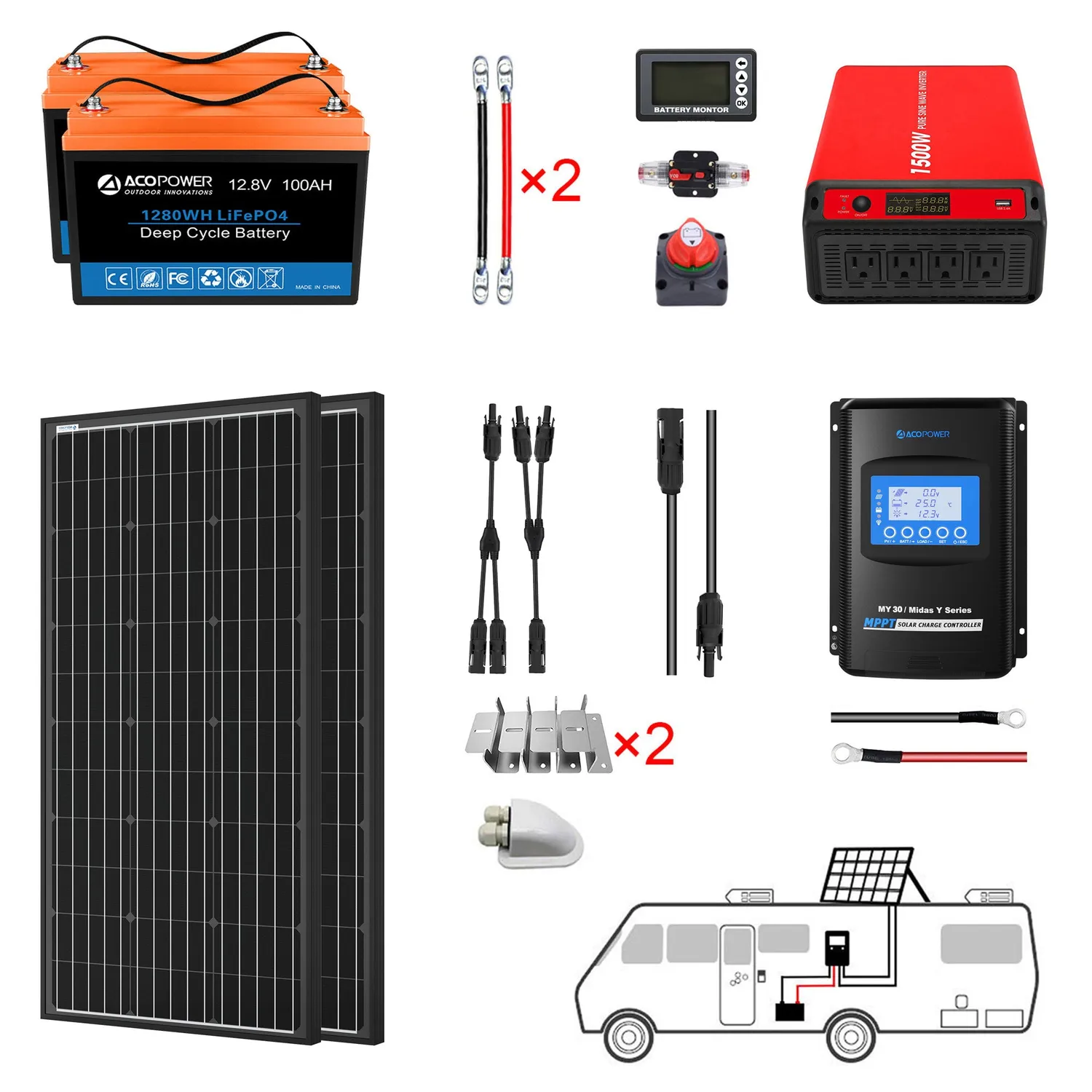 ACOPOWER kit solar complet 12V Li200Ah 200W MPPT30A